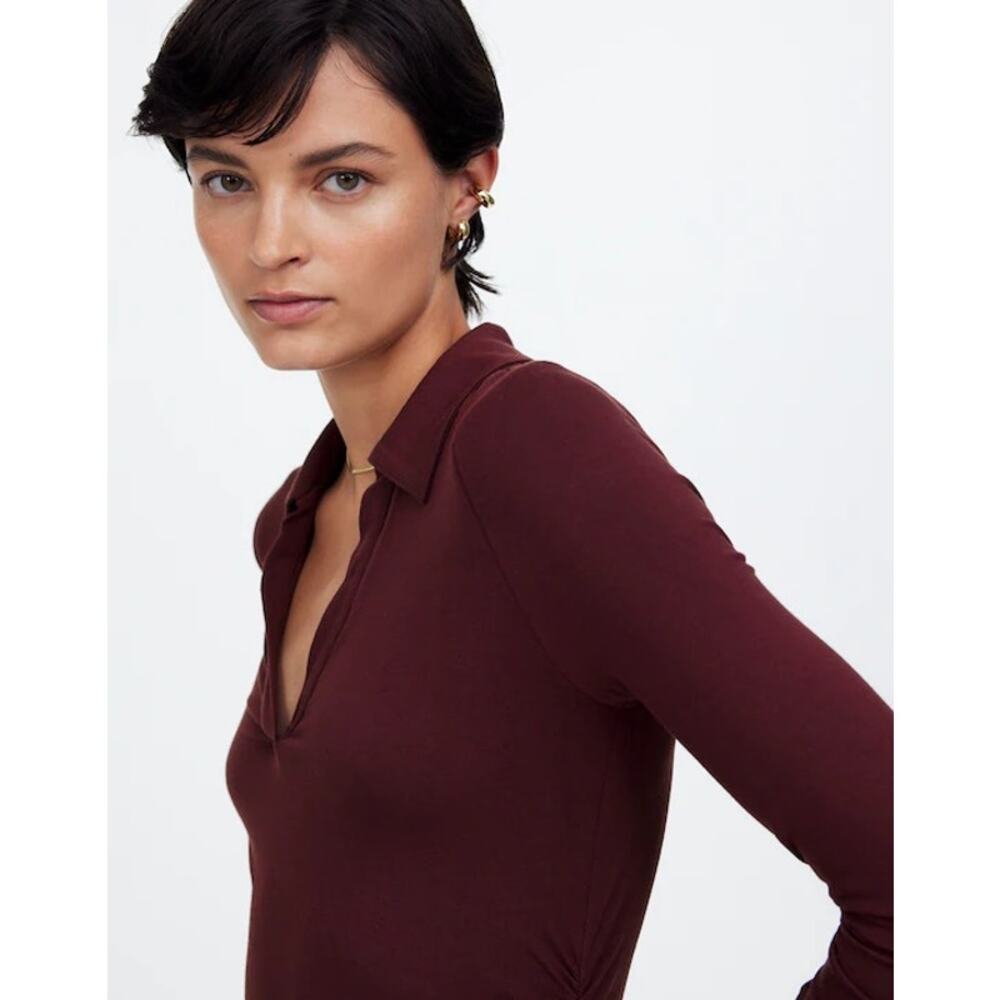 $58 Madewell Side-Cinch Long-Sleeve Polo Top - small - Burgundy - Picture 5 of 11